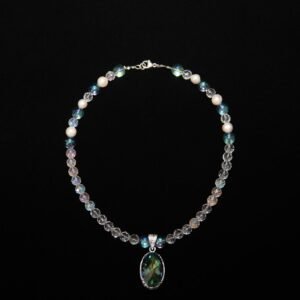 Delicate beaded necklace with pearls, clear crystals, and an oval green gemstone pendant – Perles Custom Jewelry NYC