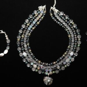 Necklace, bracelet, and earrings jewelry set featuring gray pearls and clear crystal beads - Perles Custom Jewelry NYC