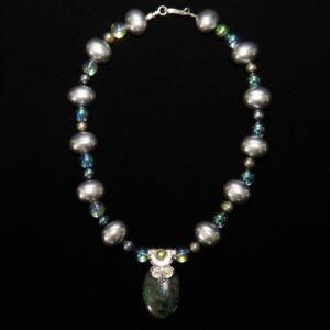 Elegant beaded necklace with pearls, clear crystals, and an oval green gemstone pendant – Perles Custom Jewelry NYC