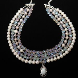 Stylish four-layered necklace with pearls and beads, featuring a silver pendant – Perles Custom Jewelry NYC