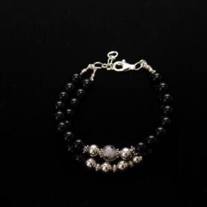 Double-strand beaded bracelet with black beads and silver decorative beads-Perles Custom Jewelry NYC