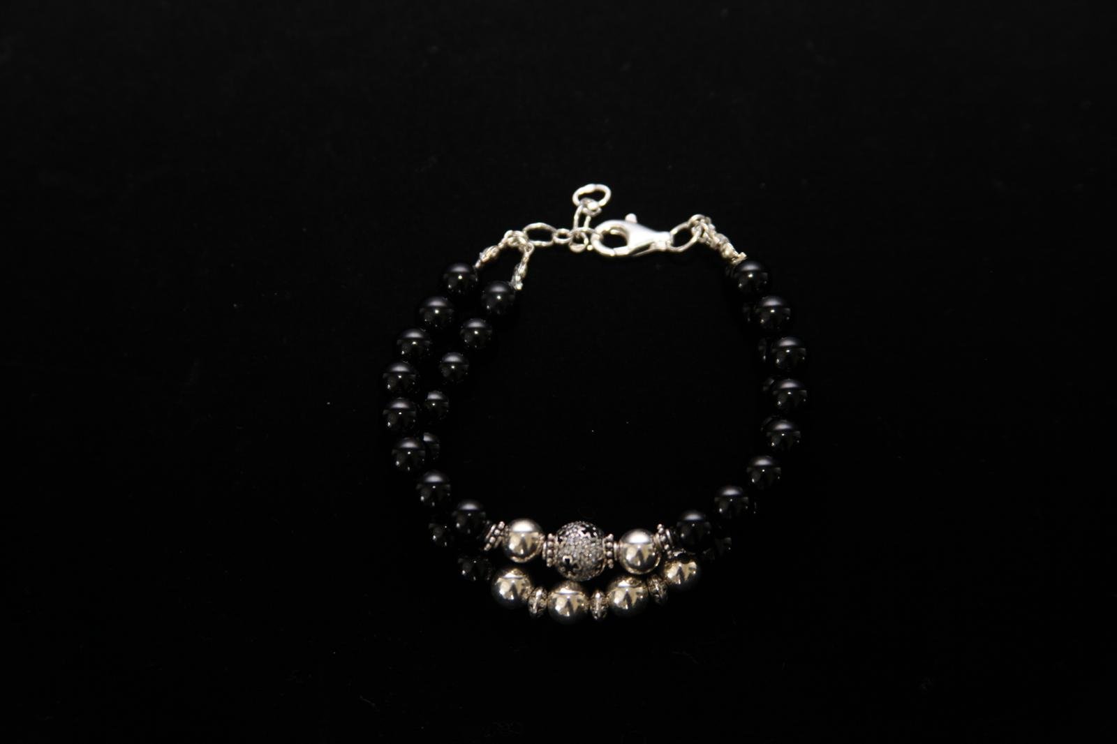 Double-strand beaded bracelet with black beads and silver decorative beads-Perles Custom Jewelry NYC
