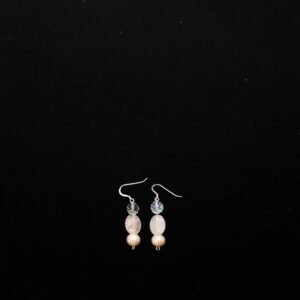 Two dangle earrings with a metal shepherd's hook, one clear glass bead, one rose quartz bead, and one pearl – Perles Custom Jewelry NYC.”