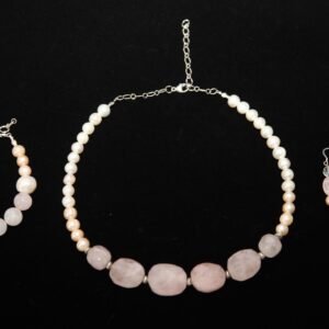 Matching jewelry set: necklace, bracelet, and earrings with pearls and rose quartz stones – Perles Custom Jewelry NYC