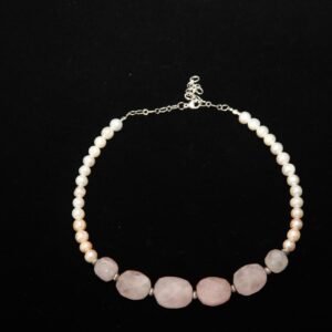 Beaded Necklace with pink rose quartz, white pearls, silver clasp – Perles Custom Jewelry NYC