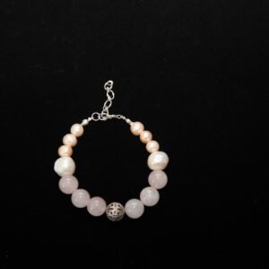 Beaded bracelet: pink rose quartz, white pearls, silver clasp – Perles Custom Jewelry NYC