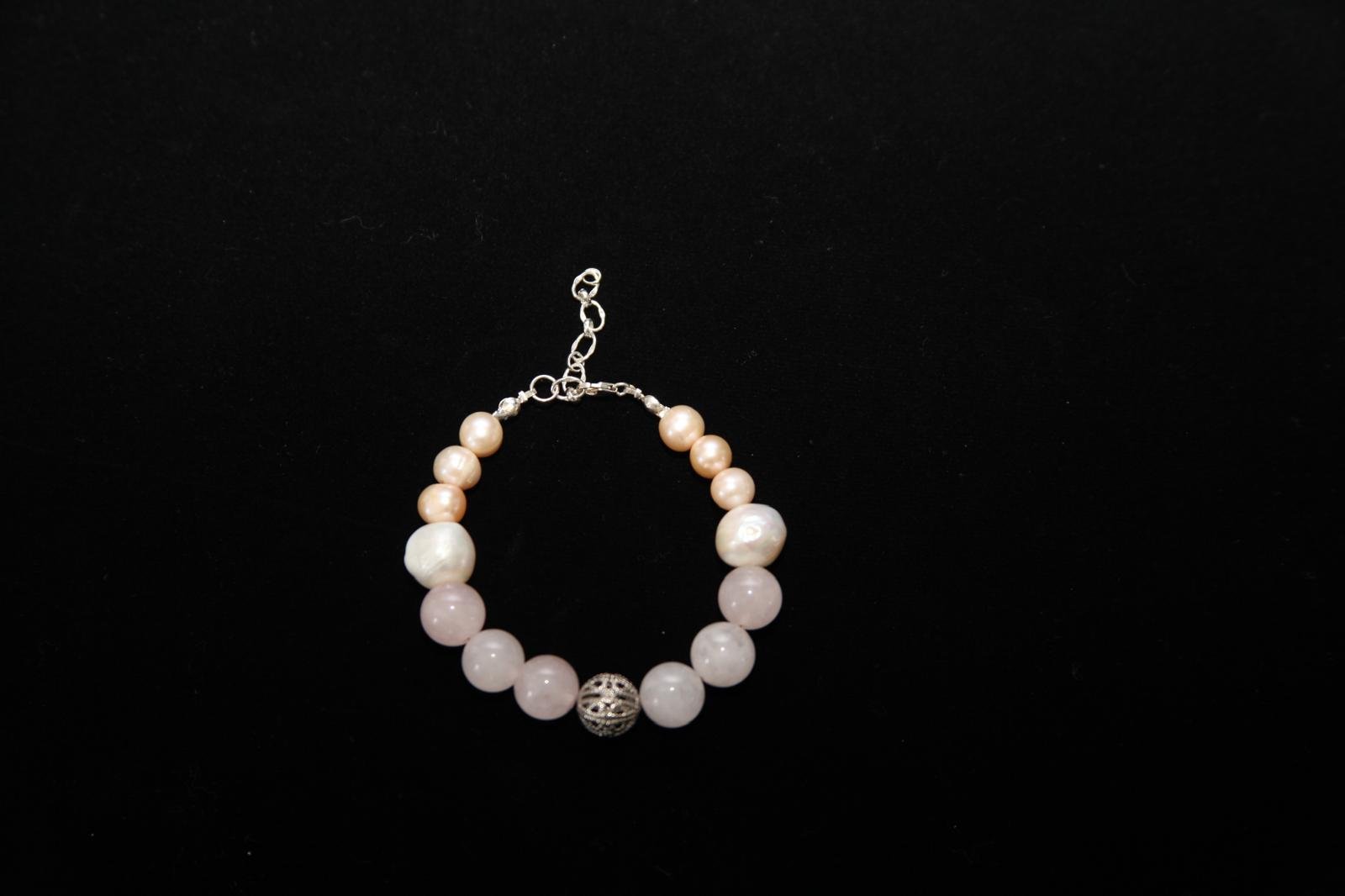 Beaded bracelet: pink rose quartz, white pearls, silver clasp – Perles Custom Jewelry NYC