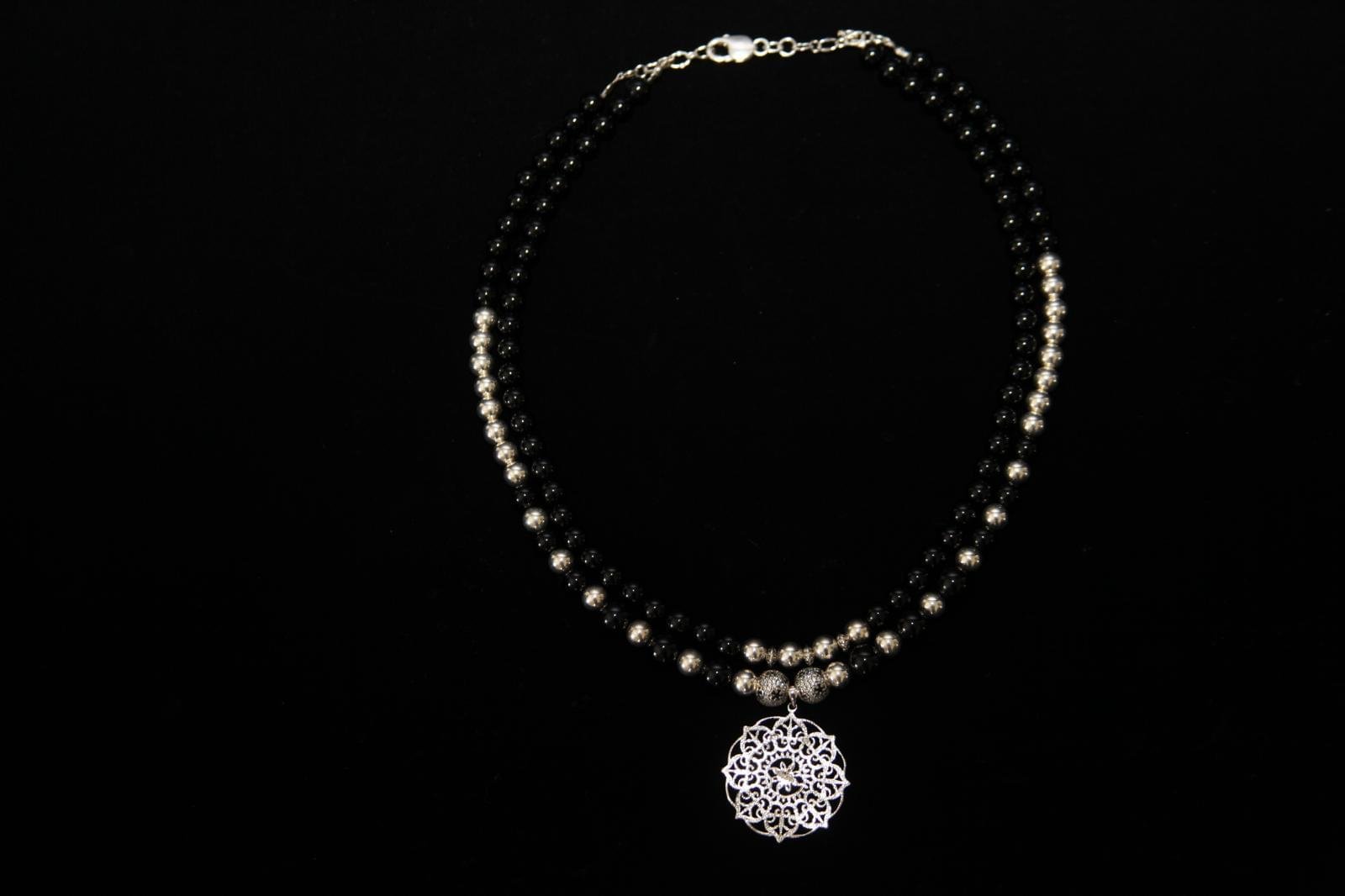 Deligate Two-strand beaded necklace with a white filigree pendant Perles Custom Jewelry NYC
