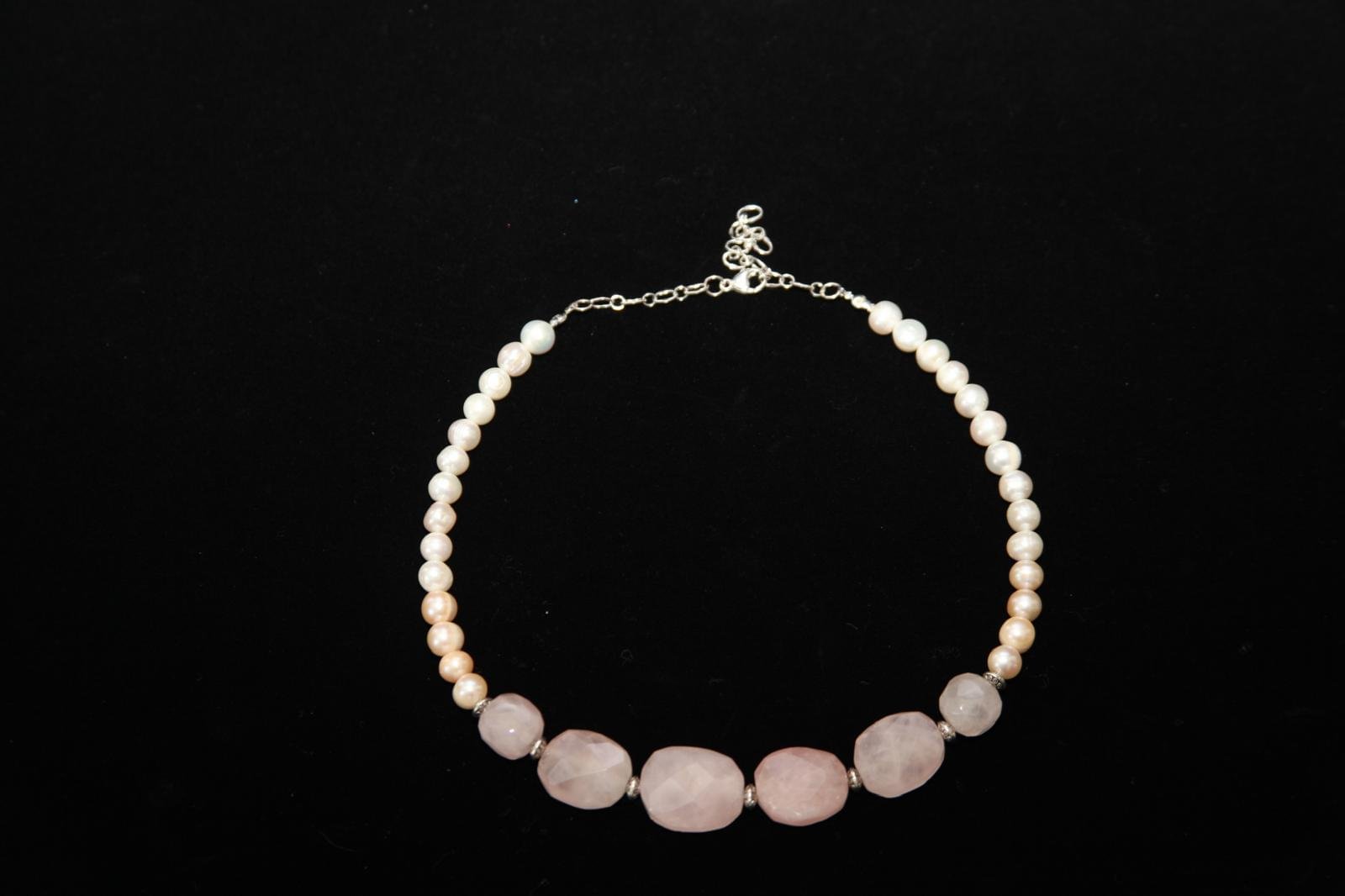 Beaded Necklace with pink rose quartz, white pearls, silver clasp – Perles Custom Jewelry NYC